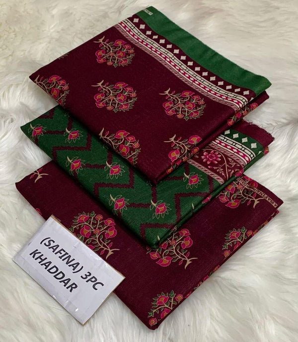 Safina Printed Khaddar 3 Piece (Unstitched) – Shirt, Dupatta & Trouser