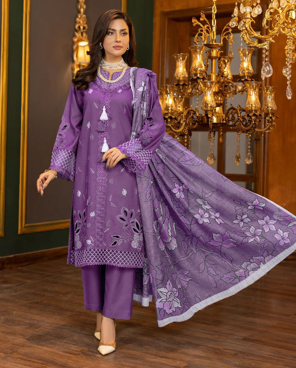 Embroidered Dhanak 3-Piece Suit