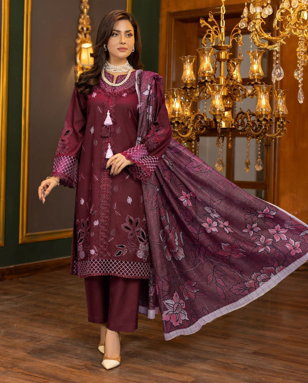 Embroidered Dhanak 3-Piece Suit